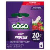 GOGO 10g Protein Strawberry Dairy Snack On The Go Pouches , 4.2 oz (4 Pack)