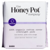 The Honey Pot Non-Herbal 100% Organic Cotton Cover Overnight Pads with Wings, 12 count