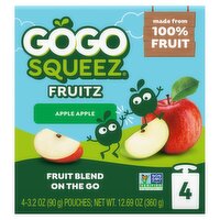 GoGo squeeZ No Sugar Added Apple Applesauce and Fruit Puree Pouches, 3.2 oz (4 Pack), 12.8 Ounce