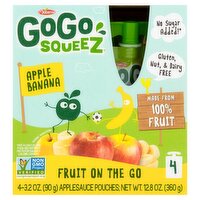 GoGo squeeZ No Sugar Added Apple Banana Applesauce and Fruit Puree Pouches, 3.2 oz (4 Pack)