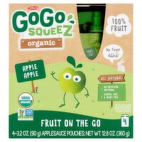GoGo squeeZ No Sugar Added Organic Apple Applesauce and Fruit Puree Pouches, 3.2 oz (4 Pack)