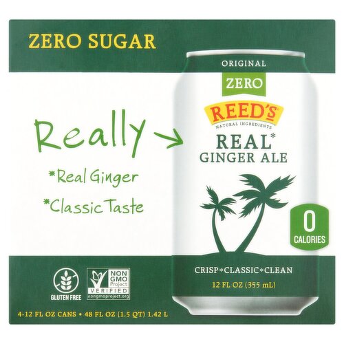 Reed's Original Zero Sugar Ginger Ale, 12 fl oz, 4 count