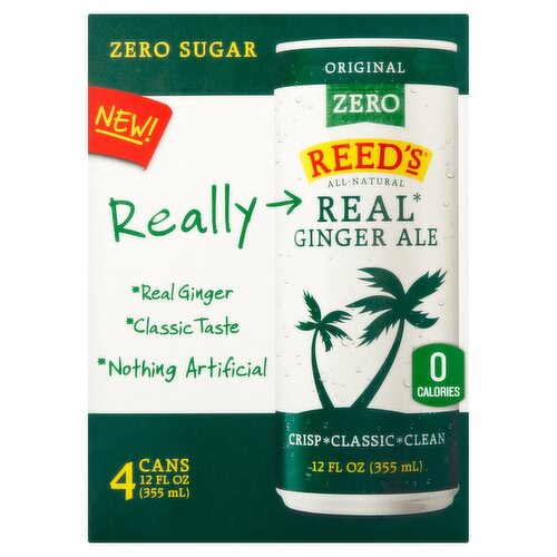 Reed's Zero Sugar Original Real Ginger Ale, 12 fl oz, 4 count