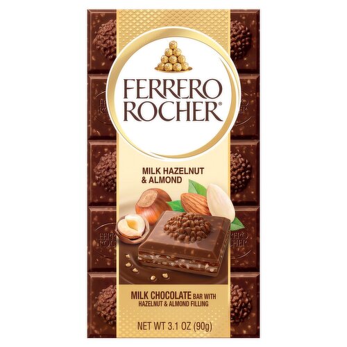 Ferrero Rocher Milk Chocolate Bar with Hazelnut & Almond Filling, 3.1 oz