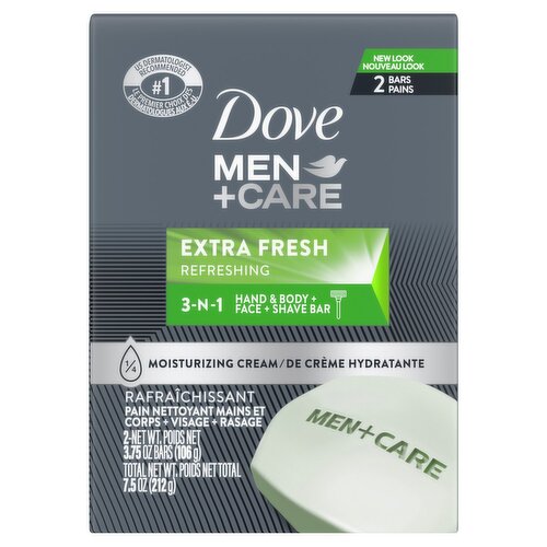 Dove Men+Care Extra Fresh Refreshing 3-N-1 Hand & Body + Face + Shaver Bar, 3.75 oz, 2 count