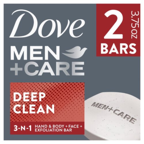 Dove Men+Care Deep Clean Exfoliating Hand & Body + Face + Shave Bar, 106 g, 2 count