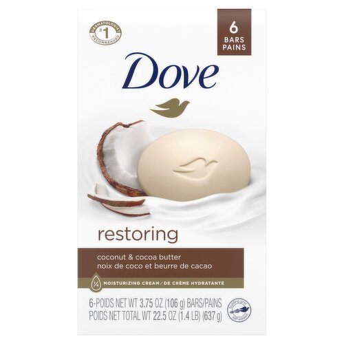 Dove Restore Beauty Bar with Coconut & Cocoa Butter Scent, 3.75 oz, 6 count