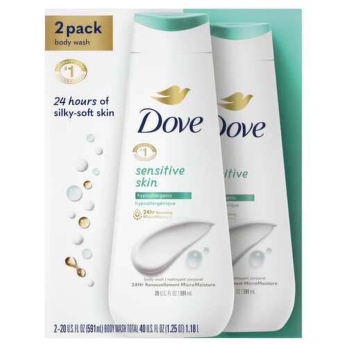 Dove Sensitive Skin Hypoallergenic Body Wash, 20 fl oz, 2 count