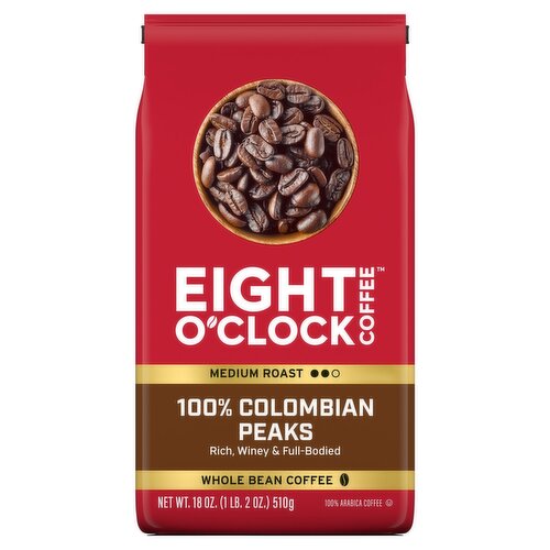 Eight O'clock Coffee Medium Roast 100% Colombian Peaks Whole Bean Arabica Coffee, 18 oz