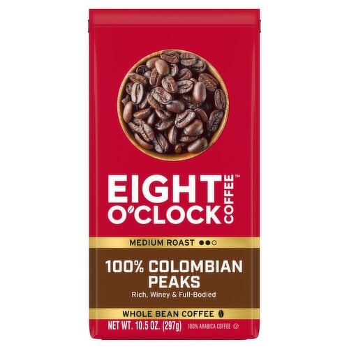 Eight O'Clock Coffee Medium Roast 100% Colombian Peaks Whole Bean Arabica Coffee, 10.5 oz
