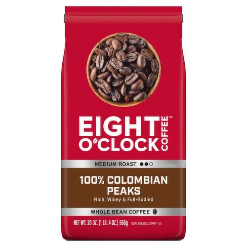 Eight O'Clock Coffee Medium Roast 100% Colombian Peaks Whole Bean Coffee, 20 oz