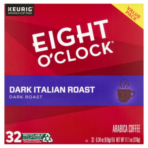 Eight O'Clock Coffee Dark Italian Roast Arabica Coffee K-Cup Pods Value Pack, 0.34 oz, 32 count