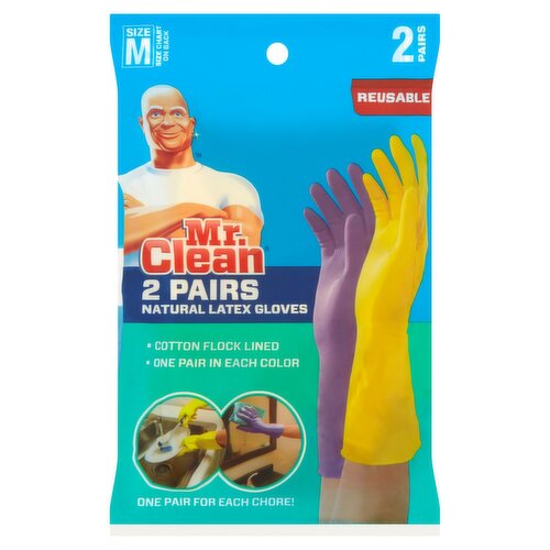 Mr. Clean Reusable Natural Latex Gloves, Size M, 2 pair