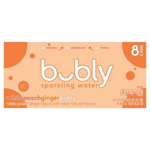 Bubly White Peach Ginger Sparkling Water, 12 fl oz, 8 count