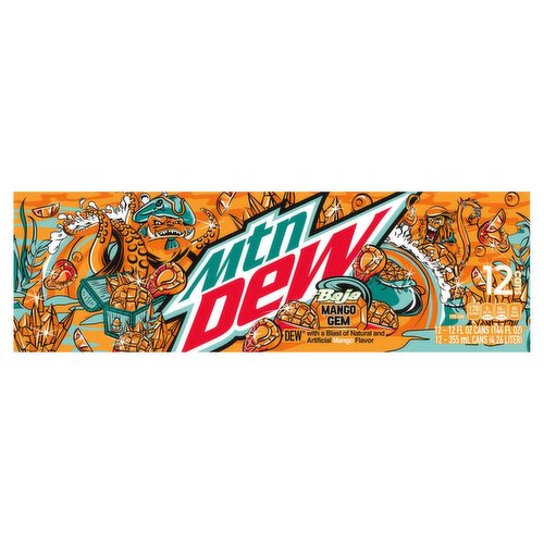 Mtn Dew Baja Mango Gem Soda, 12 fl oz, 12 count