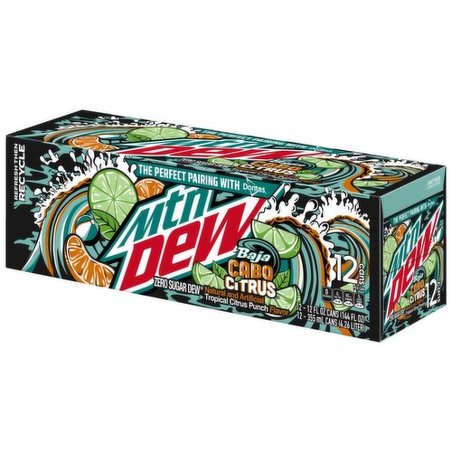 Mtn Dew Baja Zero Sugar Dew Soda Cabo Citrus 12 Fl Oz, 12 Count