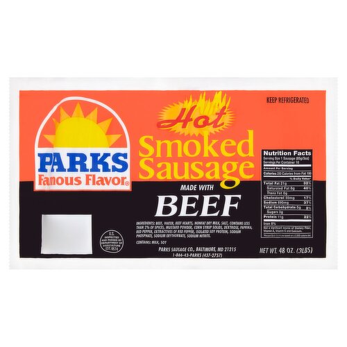 Parks Famous Flavor Hot Smoked Beef Sausage, 16 count, 48 oz