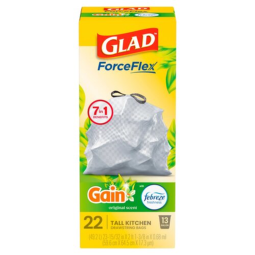 Glad ForceFlex Gain Original Scent Tall Kitchen Drawstring Bags, 13 gallon, 22 count