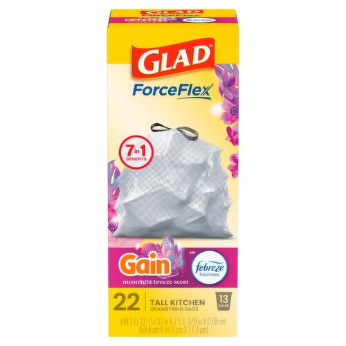 Glad ForceFlex Gain Moonlight Breeze Scent Tall Kitchen Drawstring Bags, 13 gallon, 22 count