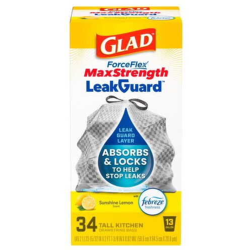 Glad ForceFlex MaxStrength LeakGuard Tall Kitchen Trash Bags, 13 Gal, Sunshine Lemon Scent, 34 Ct