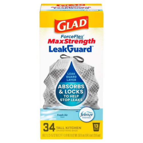 Glad ForceFlex MaxStrength LeakGuard Tall Kitchen Trash Bags, 13 Gallon, Fresh Air, 34 Count