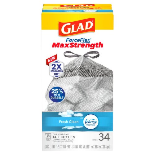 Glad Forceflex Maxstrength Fresh Clean Tall Kitchen Drawstring Bags, 34 count