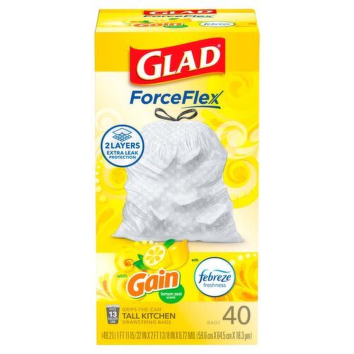Glad ForceFlex with Gain Lemon Zest Scent Tall Kitchen Drawstring Bags, 40 count