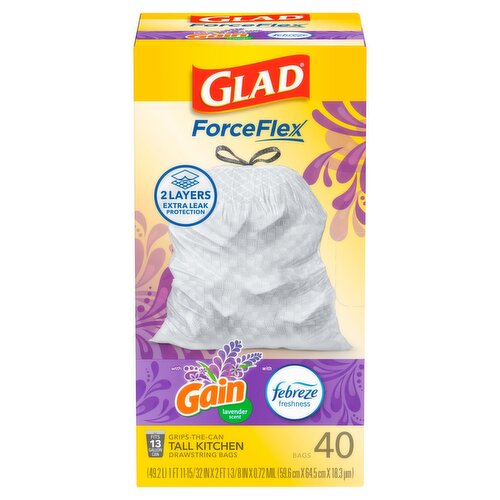 Glad ForceFlex with Gain Lavender Scent Tall Kitchen Drawstring Bags, 40 count