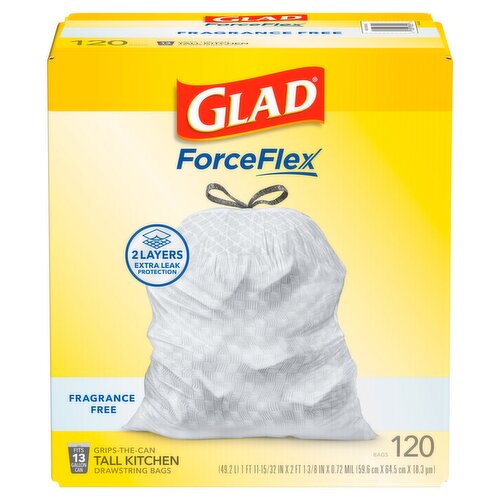 Glad ForceFlex Fragrance Free Tall Kitchen Drawstring Bags, 120 count