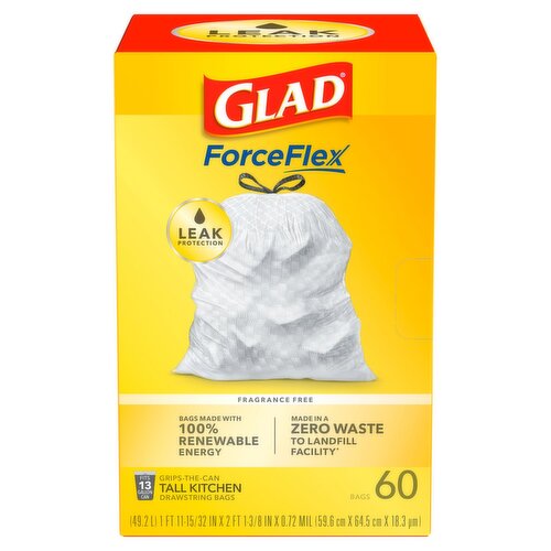 Glad ForceFlex Fragrance Free Tall Kitchen Drawstring Bags, 60 count