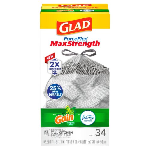 Glad Forceflex MaxStrength Tall Kitchen Drawstring Bags, 34 count