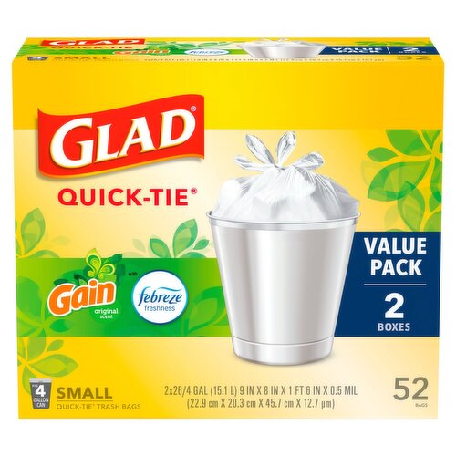 Glad Quick-Tie Gain Original Scent Small Trash Bags Value Pack, 52 count