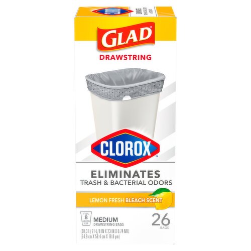 Glad Clorox Lemon Fresh Bleach Scent Medium Drawstring Bags, 26 count