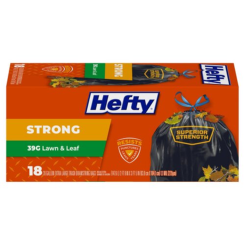 Hefty Strong 39G Lawn & Leaf Trash Drawstring Bags, Extra Large, 18 count