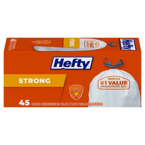 Hefty Strong 13 Gallon Tall Kitchen Drawstring Bags, 45 count