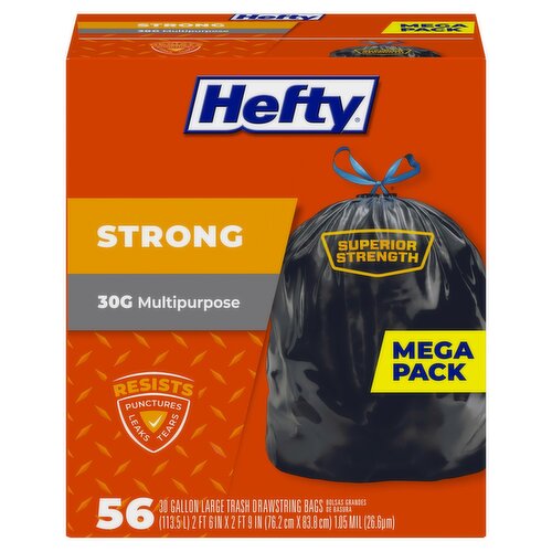 Hefty Strong 30 Gallon Multipurpose Trash Drawstring Bags Mega Pack, Large, 56 count