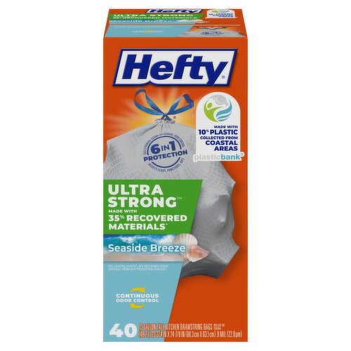 Hefty Ultra Strong 13 Gallon Seaside Breeze Tall Kitchen Drawstring Trash Bags, 40 count