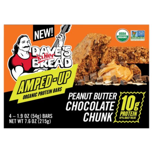 Dave's Killer Bread Amped-Up Peanut Butter Chocolate Chunk Organic Protein Bars, 1.9 oz, 4 count