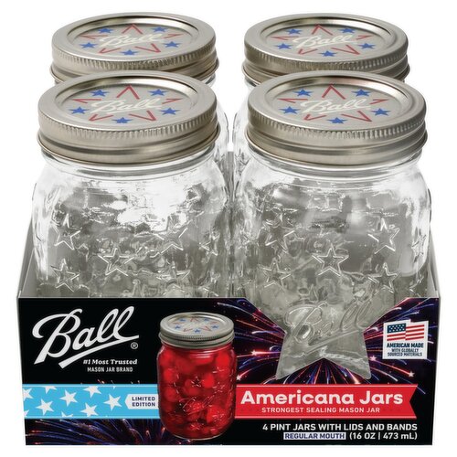 Ball Americana Regular Mouth 16oz Mason Jars with Lids and Bands Limited Edition, 4 Count
