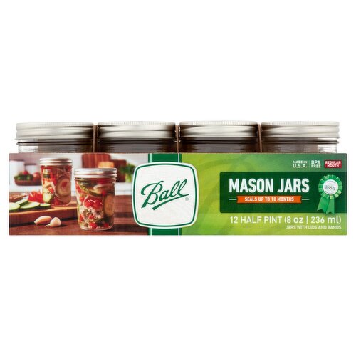 Ball Half Pint Regular Mouth Mason Jars with Lids and Bands, 12 count