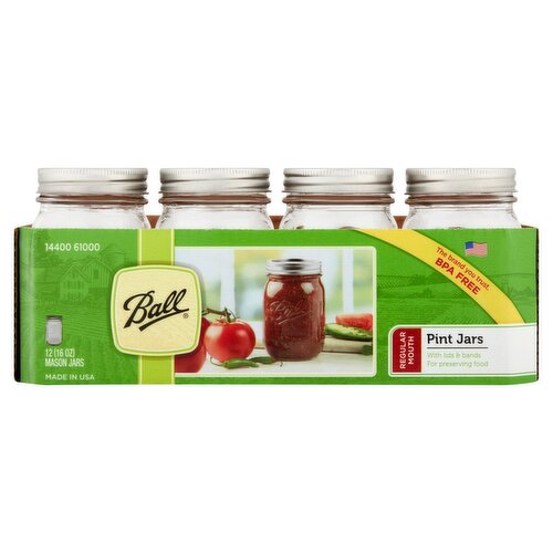 Ball Regular Mouth Pint Mason Jars, 16 oz, 12 count