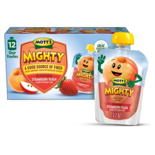 Mott's Mighty Strawberry Peach Flavored Applesauce & Fiber, 3.2 oz, 12 count