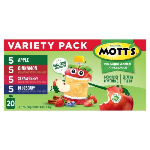 Mott's No Sugar Added Applesauce Variety Pack, 3.2 oz, 20 count