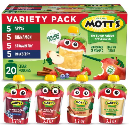 Mott's No Sugar Added Applesauce Variety Pack, 3.2 oz, 20 count