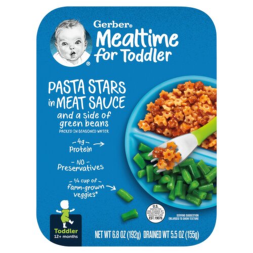 Gerber Mealtime for Toddler Pasta Stars in Meat Sauce Baby Food, Toddler, 12+ months, 6.8 oz