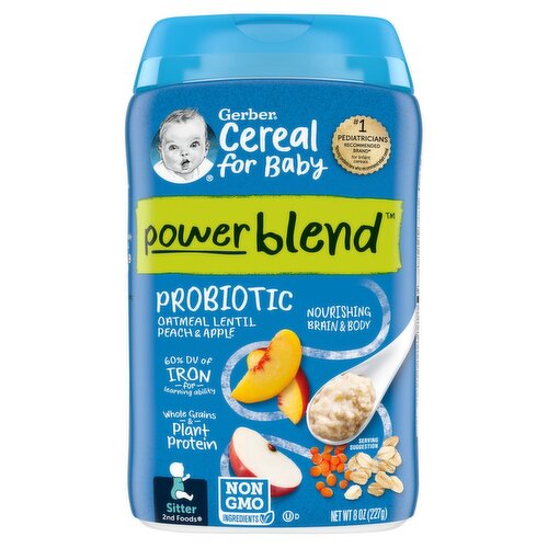 Gerber 2nd Foods Cereal for Baby Power Blend Probiotic Lentil Peach & Apple Oatmeal, Sitter, 8 oz