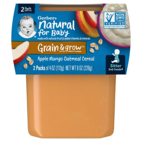 Gerber 2nd Foods Grain & Grow Apple Mango Oatmeal Cereal Baby Food, Sitter, 4 oz, 2 count