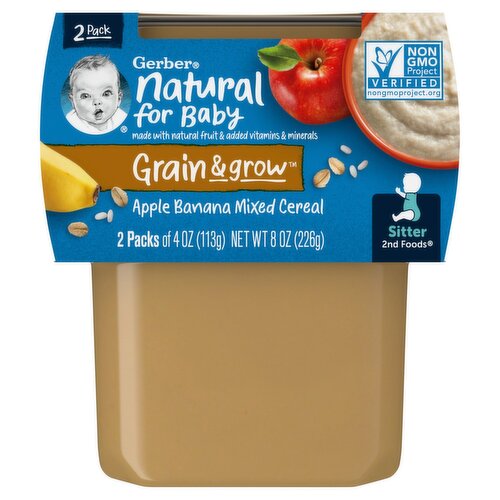 Gerber 2nd Foods Grain & Grow Apple Banana Mixed Cereal Baby Food, Sitter, 4 oz, 2 count