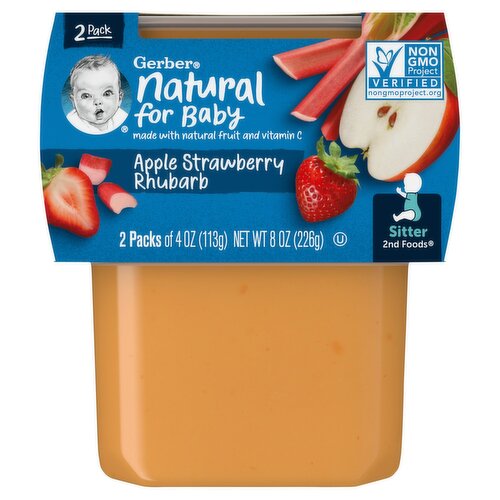 Gerber 2nd Foods Natural for Baby Apple Strawberry Rhubarb Baby Food, Sitter, 4 oz, 2 count