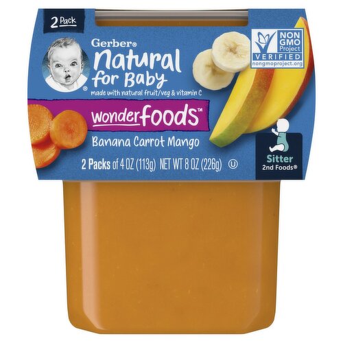 Gerber 2nd Foods Natural for Baby Banana Carrot Mango Baby Food, Sitter, 4 oz, 2 count